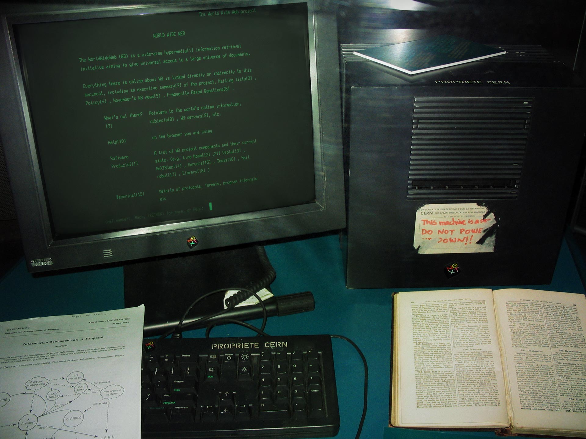 This NeXT workstation (a NeXTcube) was used by Tim Berners-Lee as the first Web server on the World Wide Web. It is shown here as displayed in 2005 at Microcosm, the public science museum at CERN (where Berners-Lee was working in 1991 when he invented the Web). The document resting on the keyboard is a copy of 