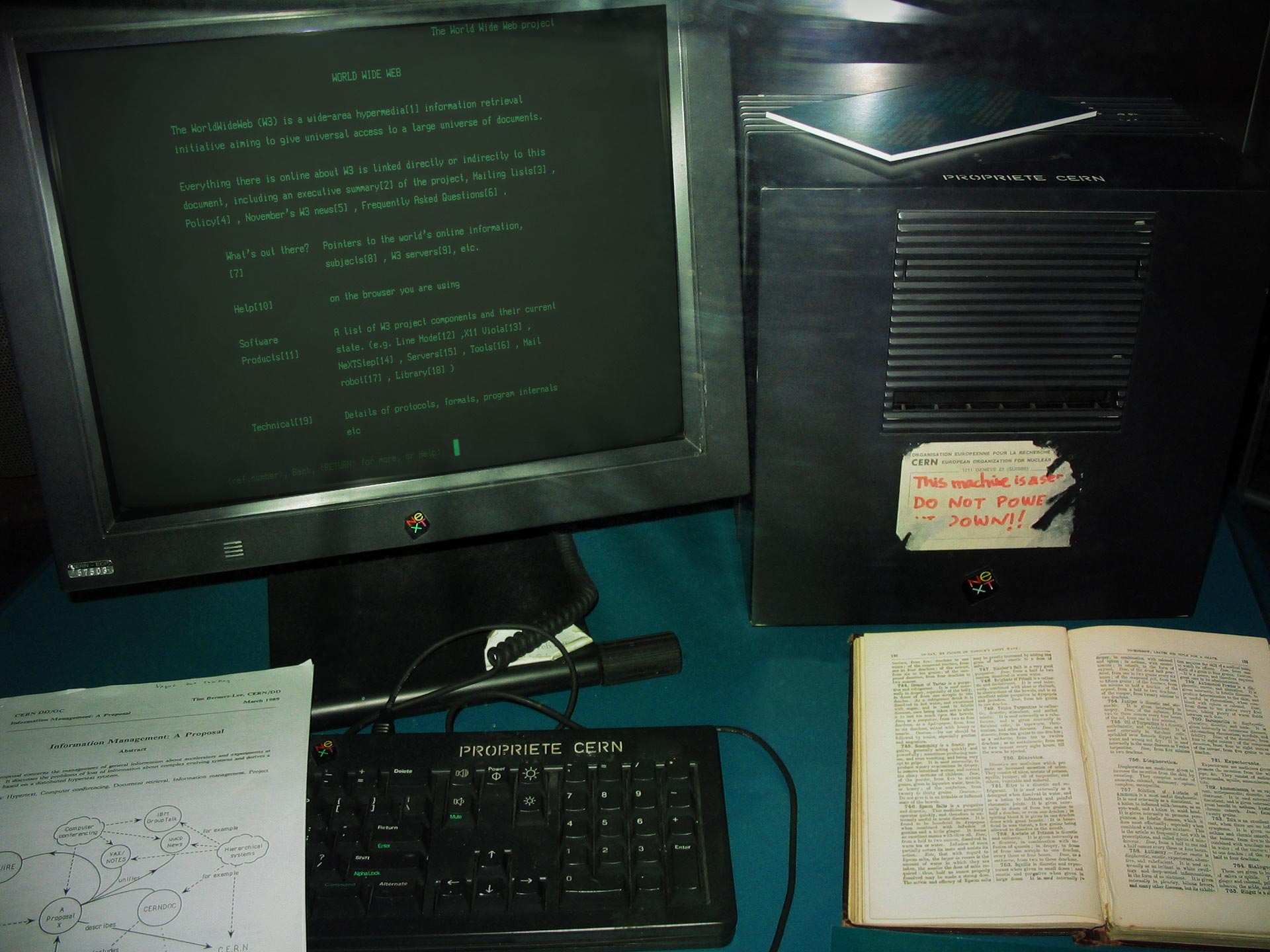 This NeXT workstation (a NeXTcube) was used by Tim Berners-Lee as the first Web server on the World Wide Web. It is shown here as displayed in 2005 at Microcosm, the public science museum at CERN (where Berners-Lee was working in 1991 when he invented the Web). The document resting on the keyboard is a copy of